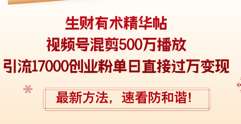 （12391期）精华帖视频号混剪500万播放引流17000创业粉，单日直接过万变现，最新方…-副业网