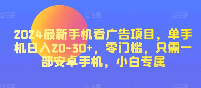 2024最新手机看广告项目，单手机日入20-30+，零门槛，只需一部安卓手机，小白专属-副业网