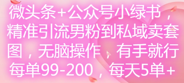 微头条+公众号小绿书，精准引流男粉到私域卖套图，无脑操作，有手就行，每单99-200，每天5单-副业网