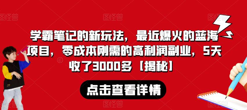 学霸笔记的新玩法，最近爆火的蓝海项目，零成本刚需的高利润副业，5天收了3000多【揭秘】-副业网
