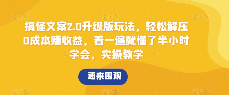 搞怪文案2.0升级版玩法，轻松解压0成本赚收益，看一遍就懂了半小时学会，实操教学【揭秘】-副业网