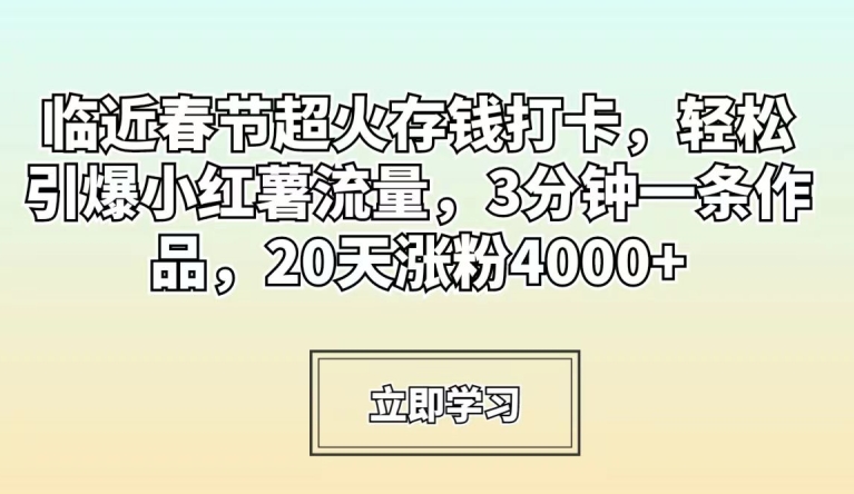 临近春节超火存钱打卡，轻松引爆小红薯流量，3分钟一条作品，20天涨粉4000+-副业网