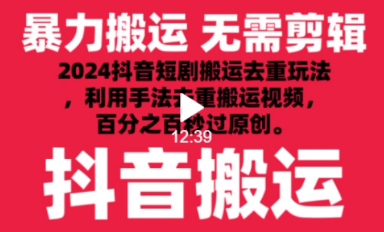2024最新抖音搬运技术，抖音短剧视频去重，手法搬运，利用工具去重，达到秒过原创的效果-副业网