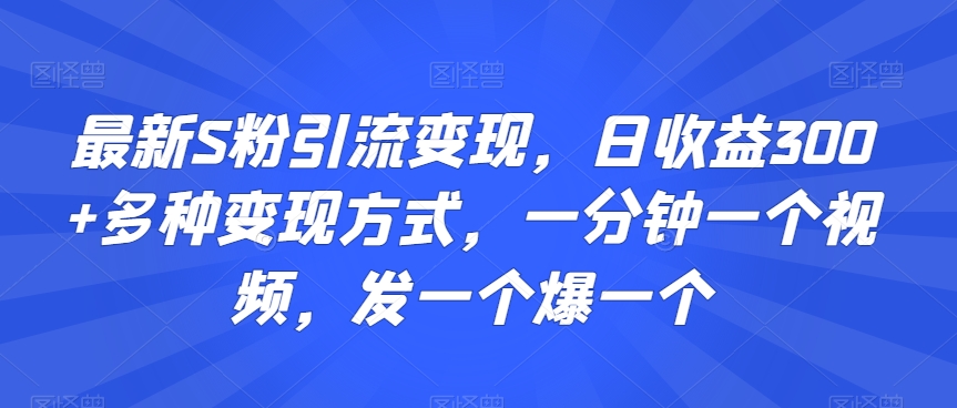 最新S粉引流变现，日收益300+多种变现方式，一分钟一个视频，发一个爆一个-副业网