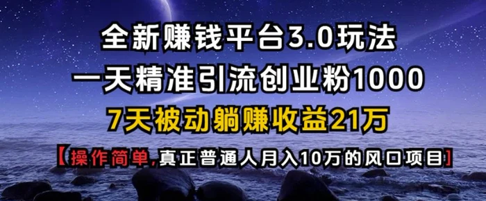 全新赚钱平台3.0玩法一天精准引流创业粉1000.7天被动躺Z收益21W【仅揭秘】-副业网