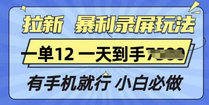 拉新暴利录屏玩法，一单12块，有手机就行，小白必做-副业网