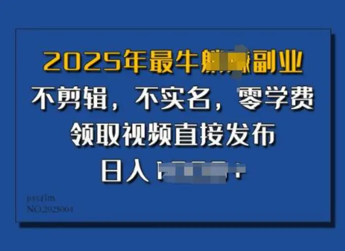 ​2025年最牛副业，不剪辑，不实名，零学费，零粉可做，领取视频直接发布，有播放就有收益-副业网