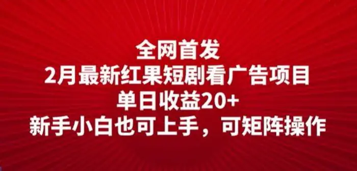 全网首发，2月最新红果短剧看广告项目，单日收益20+，新手小白也可上手，可矩阵操作-副业网