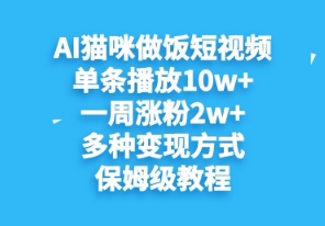 AI猫咪做饭短视频，单条播放10w+，一周涨分2w+，多种变现方式，保姆级教程-副业网