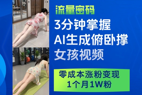 3分钟掌握AI生成俯卧撑女孩视频，零成本涨粉变现，1个月1W粉-副业网