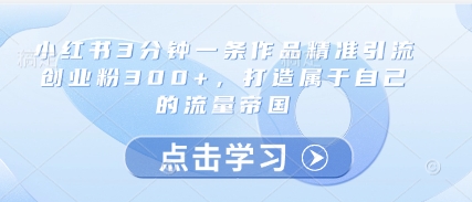 小红书3分钟一条作品精准引流创业粉300+，打造属于自己的流量帝国-副业网