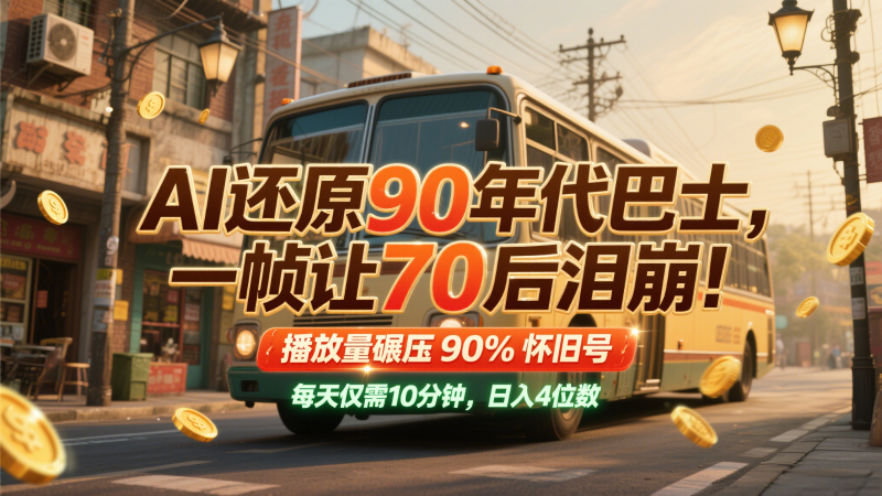 AI还原90年代巴士，一帧让70后泪崩！播放量碾压90%怀旧号，每天10分钟，日入4位数-副业网
