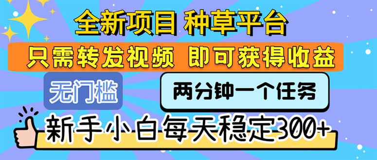 全新项目 种草平台 只需要转发任务视频 即可获得收益 新手小白每天300+-副业网