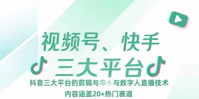 视频号、快手、抖音三大平台的剪辑与数字人直播技术，内容涵盖20+热门赛道-副业网