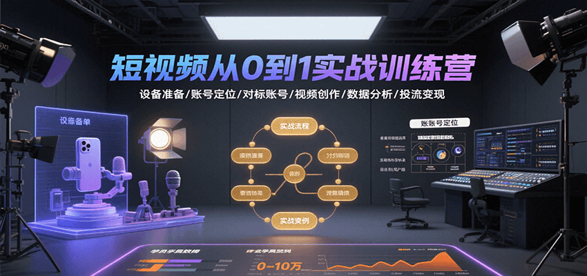 短视频从0到1实战训练营：设备准备/账号定位/对标账号/视频创作/数据分析/投流变现-副业网