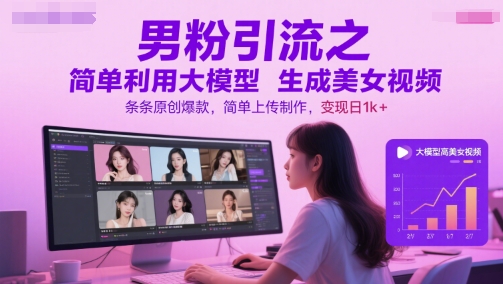 男粉引流之简单利用大模型生成美女视频，条条原创爆款，简单上传制作，变现日1k+-副业网
