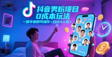 抖音男粉项目0成本玩法，一部手机即可操作，日均4张+，时间自由-副业网