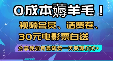 0成本薅羊毛!视频会员、话费卷、30元电影票白送，分享我如何靠转卖一天变现5张+【揭秘】-副业网