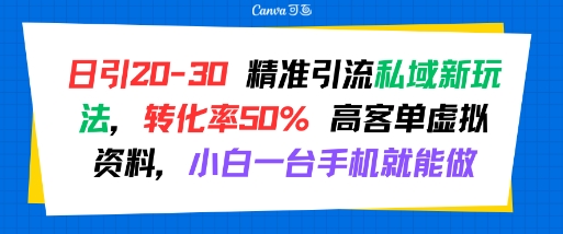 日引 20-30 精准引流私域新玩法，转化率50% 高客单虚拟资料，小白一台手机就能做-副业网