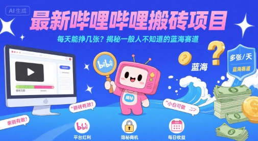 最新哔哩哔哩上B站搬砖项目，每天能挣几张？揭秘一般人不知道的蓝海赛道-副业网