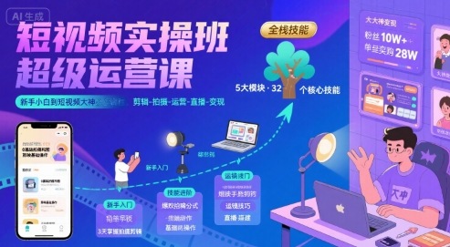 短视频实操班超级运营课，新手小白到短视频大神必修课程，剪辑-拍摄-运营-直播-变现-副业网