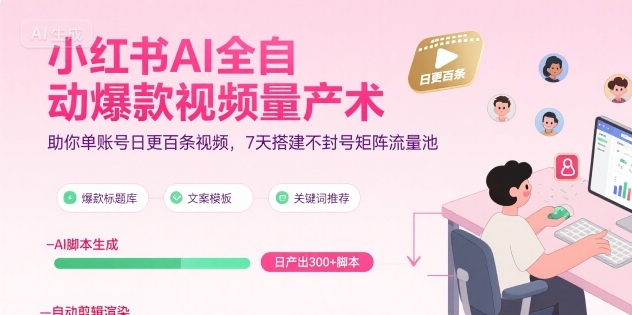 小红书AI全自动爆款视频量产术，助你单账号日更百条视频，7天搭建不封号矩阵流量池(更新8月)-副业网