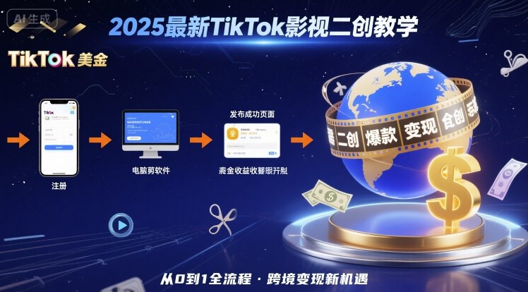 2025年最新TikTok影视二创教学，从注册到发布撸美金全流程，跨境变现新机遇-副业网