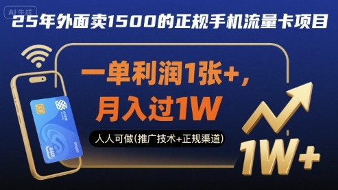 25年外面卖1500的正规手机流量卡项目，一单利润1张+，月入过1W，人人可做(推广技术+正规渠道)【揭秘】-副业网