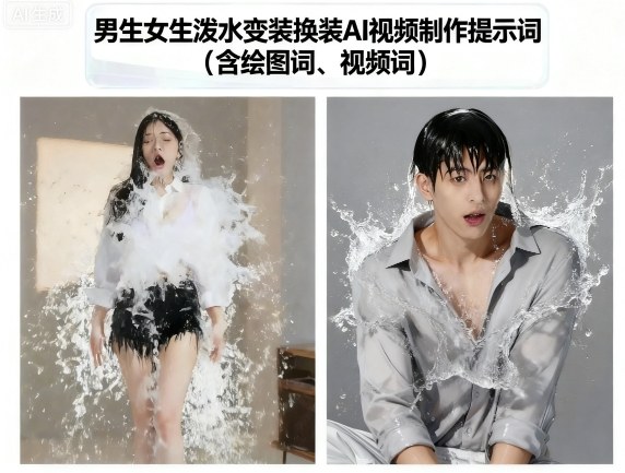 男生女生泼水变装换装AI视频制作提示词(含绘图词、视频词)-副业网