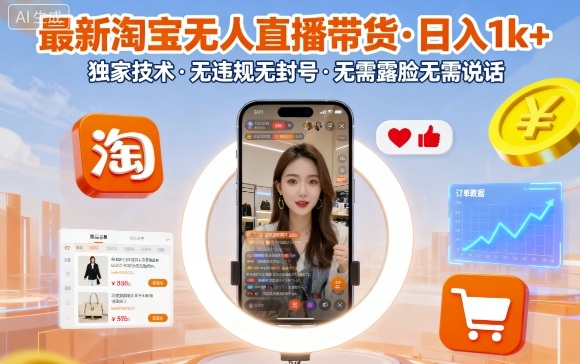 最新淘宝无人直播带货，日入1k+，独家技术，无违规无封号，无需露脸无需说话【揭秘】-副业网