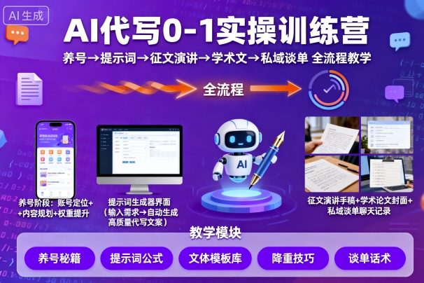 AI代写0-1实操训练营，从养号、提示词、征文演讲、学术文，到私域谈单的全流程教学-副业网