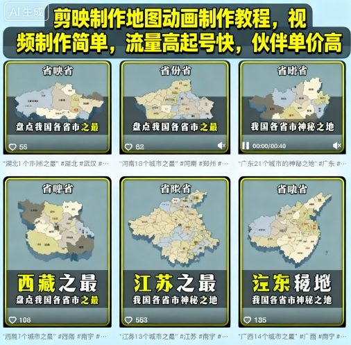 剪映制作地图动画制作教程，视频制作简单，流量高起号快，伙伴单价高-副业网