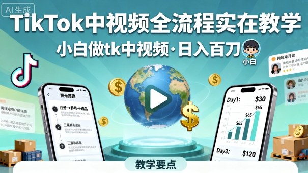 TikTok中视频全流程实操教学，小白做tk中视频，日入百刀-副业网
