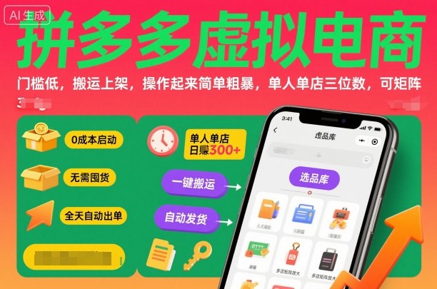 拼多多虚拟电商，门槛低，搬运上架，操作起来简单粗暴，单人单店三位数，可矩阵-副业网