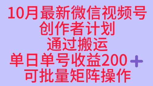 10月最新视频号收益最大化赛道长久稳定红利项目，单日单号收益2张+可批量矩阵操作-副业网