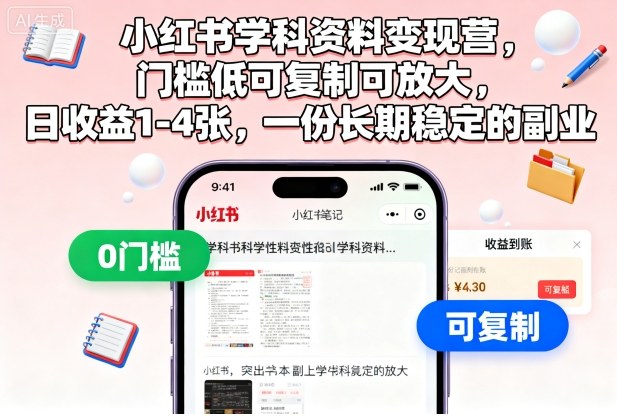 小红书学科资料变现营，门槛低可复制可放大，日收益1-4张，一份长期稳定的副业-副业网