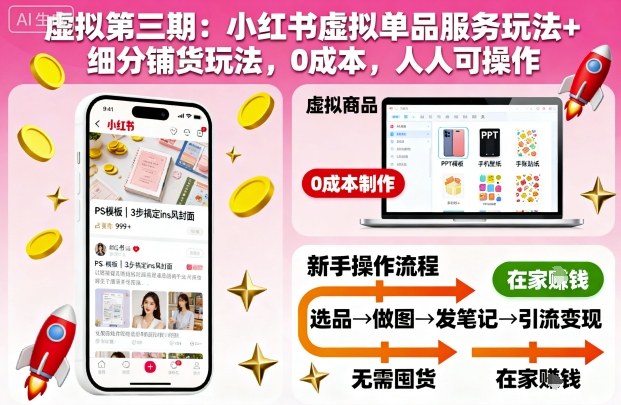 虚拟第三期：小红书虚拟单品服务玩法+细分铺货玩法，0成本，人人可操作-副业网