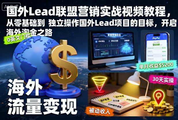 国外Lead联盟营销实战视频教程，从零基础到独立操作国外Lead项目的目标，开启海外淘金之路-副业网