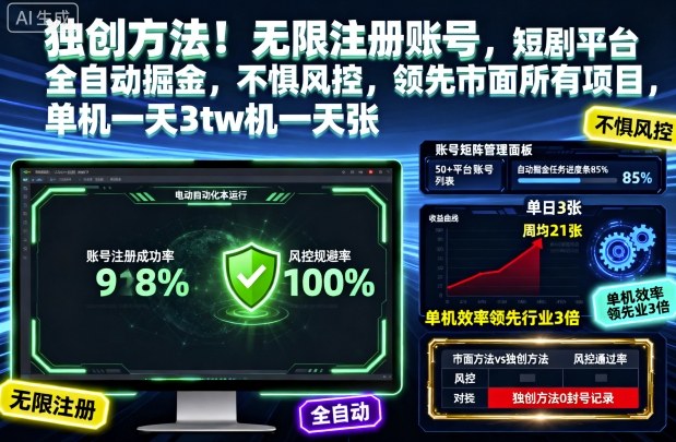 独创方法！无限注册账号，短剧平台全自动掘金，不惧风控，领先市面所有项目，单机一天3张【揭秘】-副业网