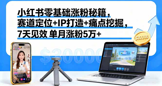 小红书零基础涨粉秘籍，赛道定位+IP打造+痛点挖掘，7天见效 单月涨粉5万+-副业网