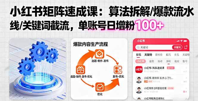 小红书矩阵起号速成课：算法拆解/爆款流水线/关键词截流 单账号日增粉100+-副业网