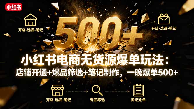小红书电商无货源爆单玩法：店铺开通+爆品筛选+笔记制作，一晚爆单500+-副业网