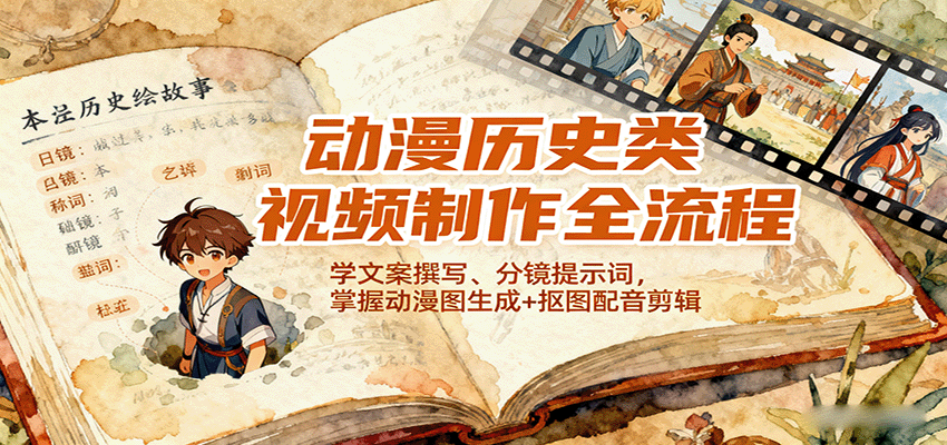 动漫历史类视频制作全流程，学文案撰写、分镜提示词，掌握动漫图生成+抠图配音剪辑-副业网