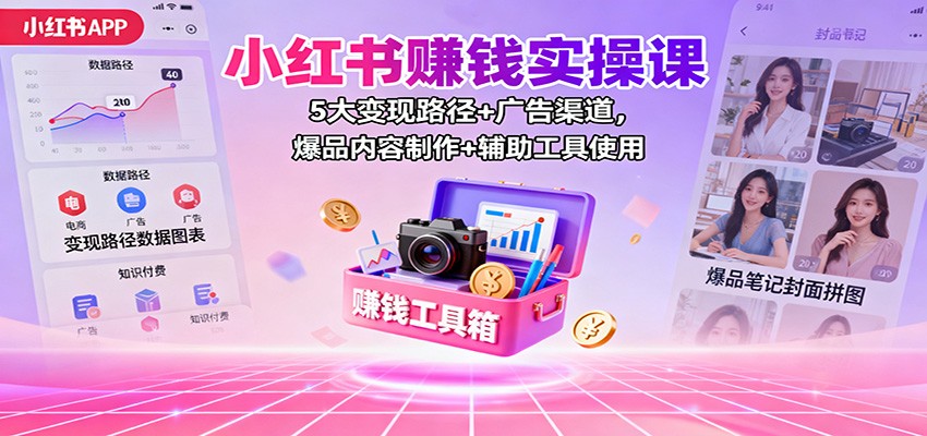 小红书赚钱实操课：5大变现路径+广告渠道，爆品内容制作+辅助工具使用-副业网