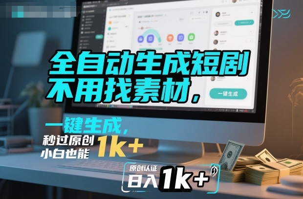 全自动生成短剧，不用找素材，不用剪辑，一键生成，秒过原创，小白也能轻松日入1k+【揭秘】-副业网