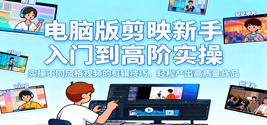 电脑版剪映新手入门到高阶实操，实操不同风格视频的剪辑技巧，轻松产出高质量作品-副业网