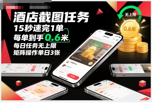 酒店截图任务，15秒速完1单，每单到手0.6米，每日任务无上限，全网首发玩法，矩阵操作单日3张【揭秘】-副业网