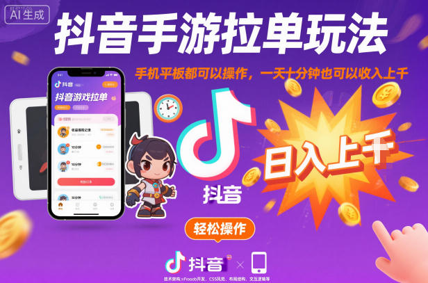 抖音手游拉单玩法，手机平板都可以操作，一天十分钟也可以收入上K【揭秘】-副业网