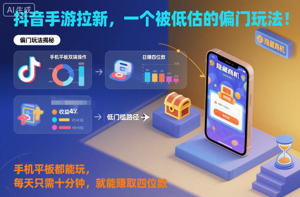 抖音手游拉新，一个被低估的偏门玩法！手机平板都能玩，每天只需十分钟，就能賺取四位数【揭秘】-副业网
