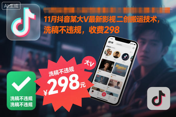 11月抖音某大V最新影视二创搬运技术，洗稿不违规，收费298-副业网